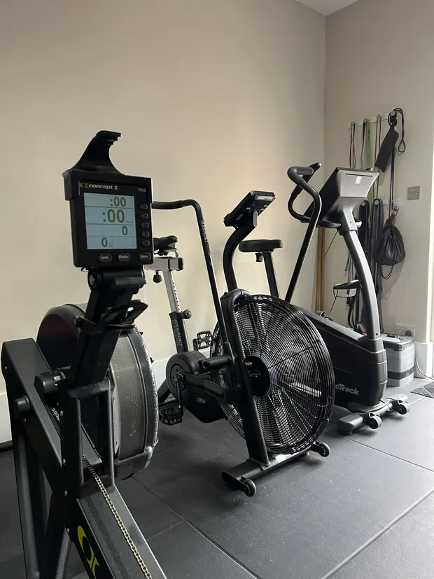 The rower, air bike and cross trainer along the studio wall